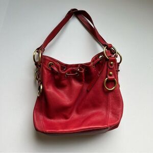 Aqua Madonna Red Leather Bucket Drawstring Bag